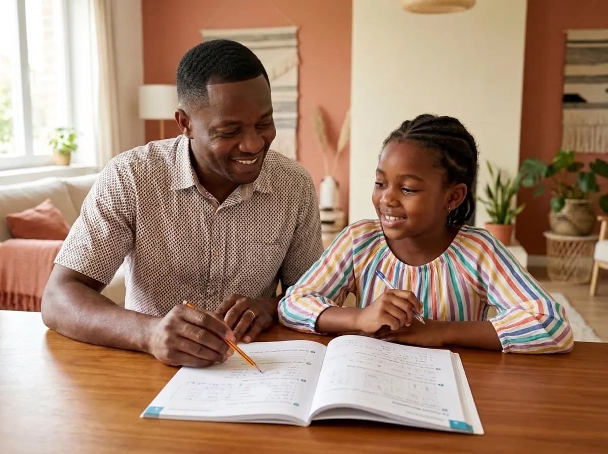 Un père accompagne sa fille dans ses devoirs