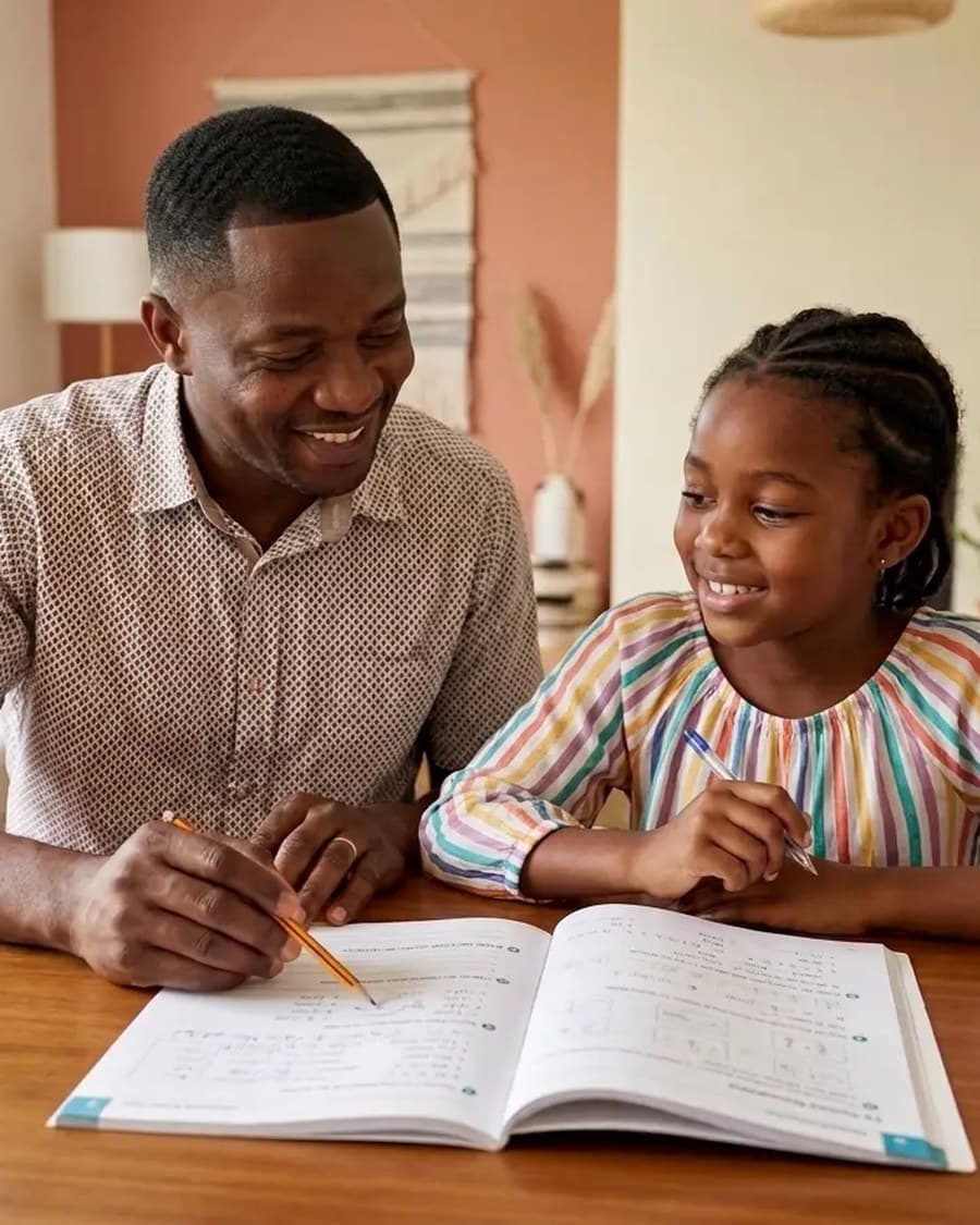 Un père accompagne sa fille dans ses devoirs