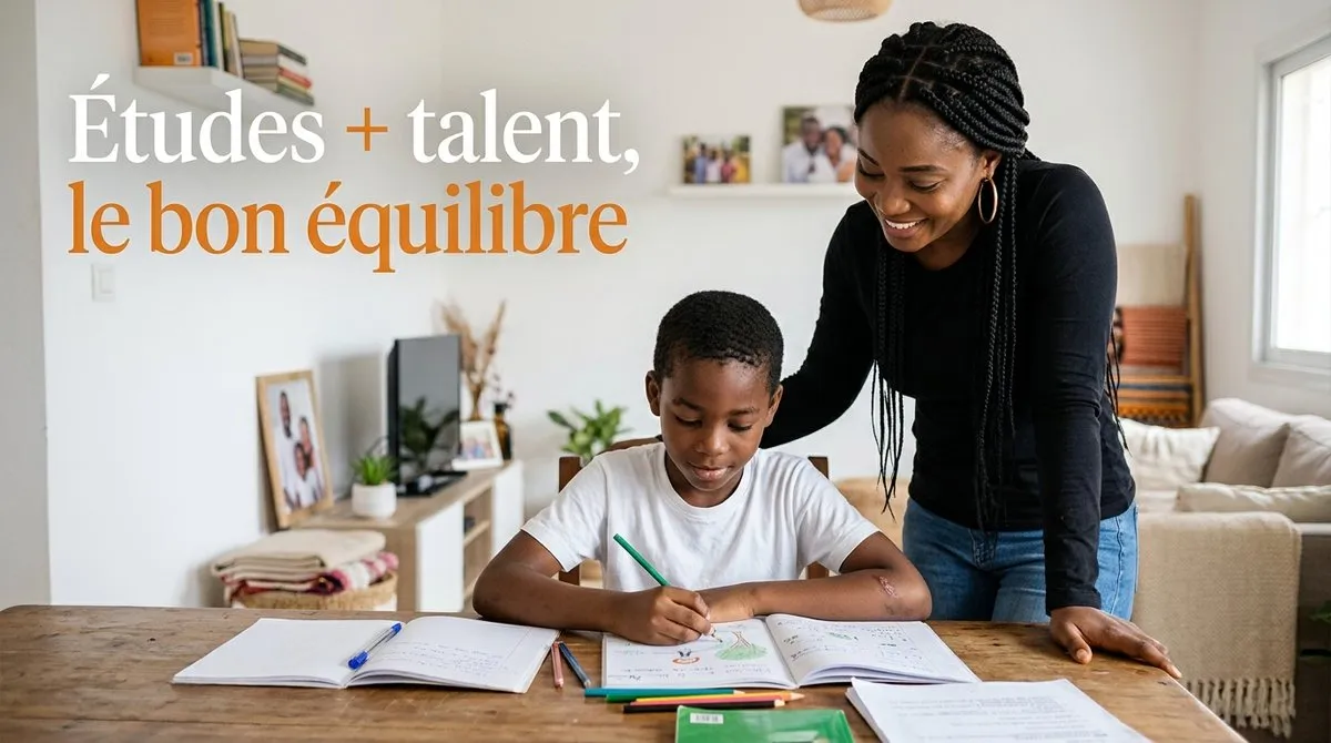 Un enfant béninois dessine à une table, ses cahiers d'école ouverts à côté, sous le regard souriant de sa mère. Texte : « Études + talent, le bon équilibre ».