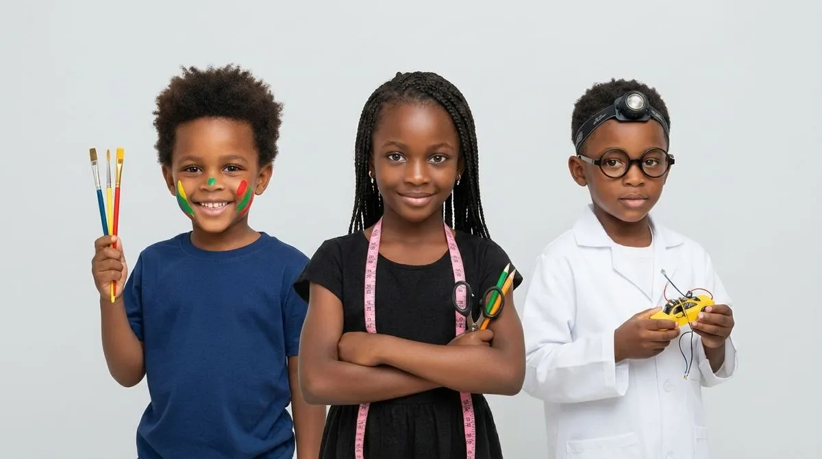 Trois enfants souriants : l'un tient des pinceaux, une fille porte un mètre ruban et des ciseaux, un garçon en blouse blanche tient un petit circuit.